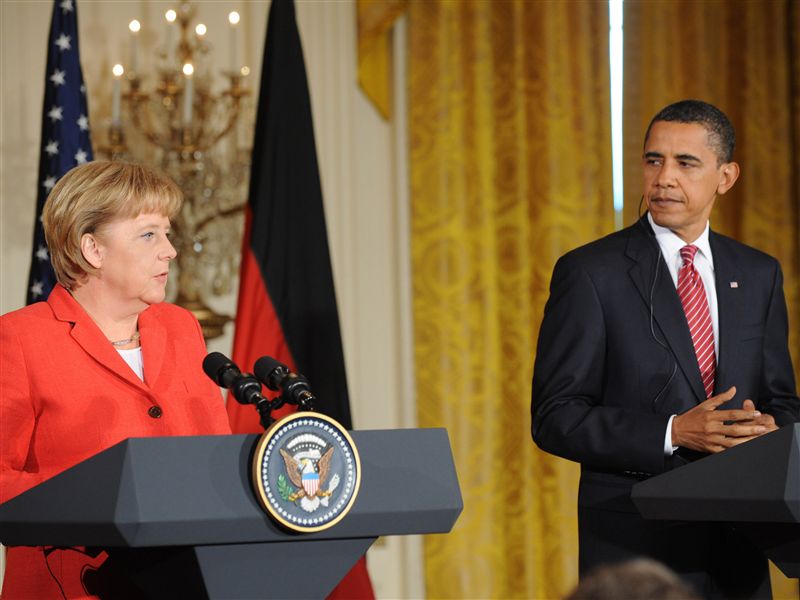 U.S President Barack Obama and German Chancellor Angela Merkel at a White House news conference.